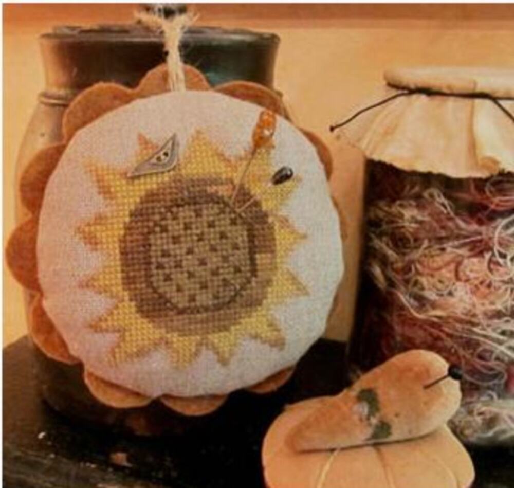 HTF Homespun Elegance Sunflower Pin Cushion Cross Stitch Pattern & Button Kit
